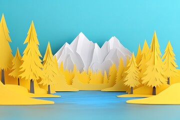 Colorful Paper Cut Mountain Landscape with Yellow Trees