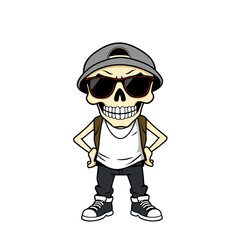 a skull wearing sunglasses, a baseball cap, and casual clothing, with a confident and cool demeanor.