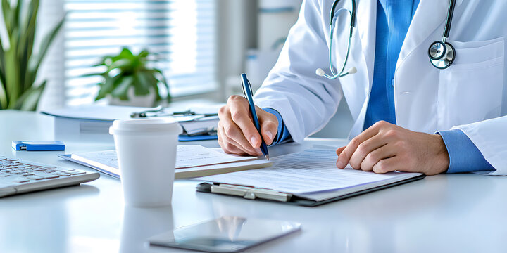 Doctor writing patient notes in modern medical office healthcare professional bright environment close-up view