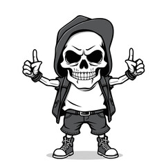 a skull emoji wearing a hoodie, jeans, and sneakers, with one hand in each fist.
