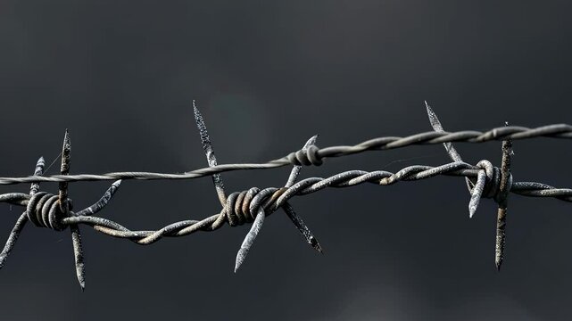 Detailed view of a barbed wire fence showcasing the sharp points and twisted metal, emphasizing its rugged appearance and functionality