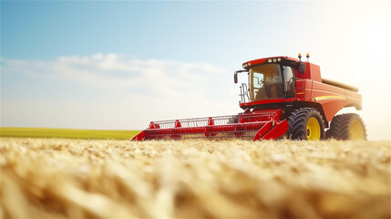 A large red combine harvester working on a golden wheat field under a clear blue sky. Agricultural machinery in action during harvest season.