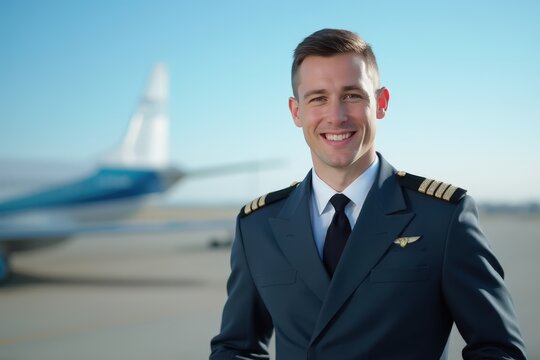 Head and shoulders portrait of a Hungarian smiling young male airplane captain pilot in uniform.