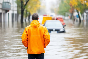 A man in an orange jacket observing a flooded street as emergency vehicles pass by. The reflective water surface and autumn colors emphasize the severity of the natural disaster.