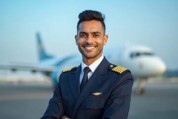 Head and shoulders portrait of a Indian smiling young male airplane captain pilot in uniform.