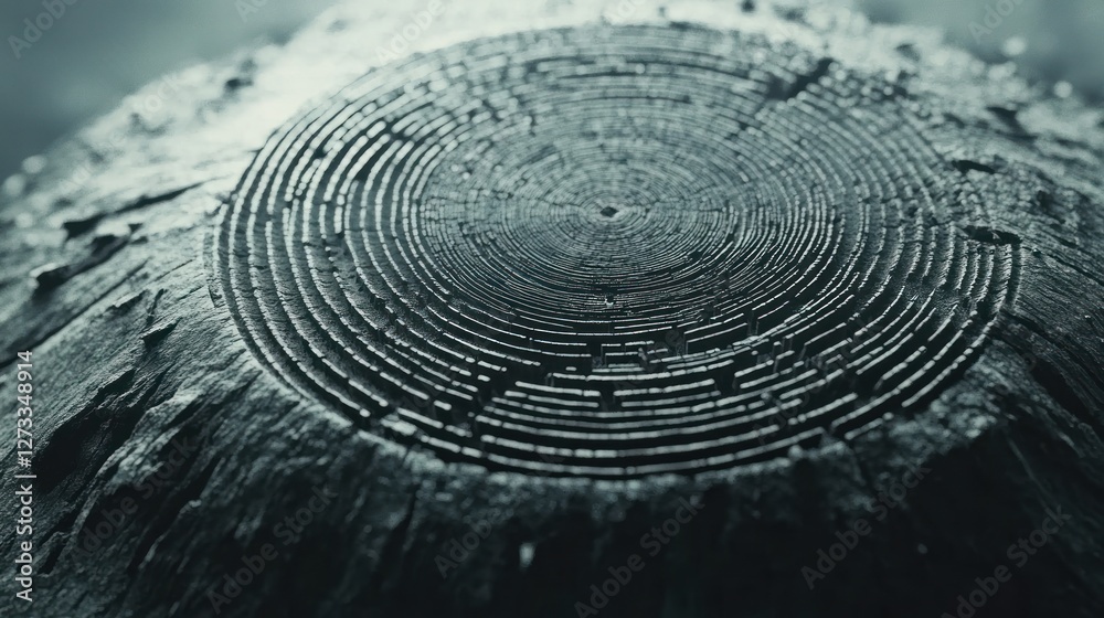 Poster tree stump shows its age with numerous concentric rings