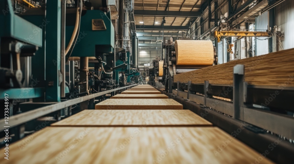 Poster plywood sheets move along automated conveyor in industrial factory setting