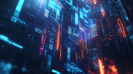 Fototapeta premium A vibrant abstract digital landscape featuring glowing lines and data patterns in blue, orange, and red, evoking a futuristic technology theme.