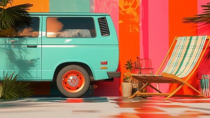 Colorful van and beach chair in a vibrant setting.