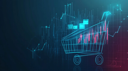 A digital illustration of a shopping cart overlayed with data graphs, symbolizing e-commerce growth and market trends.