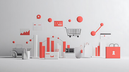 A modern graphic representation of commerce, featuring charts, shopping elements, and delivery icons in a minimalist design.