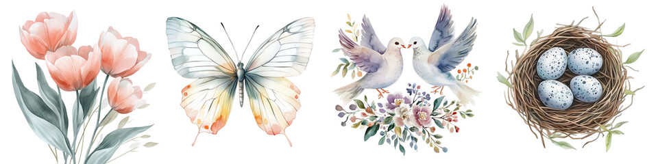 Obraz premium png set Spring Nature Set: Bird Nest with Eggs, Floral Rain Boots, and Pastel Butterfly – Watercolor Illustration