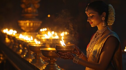 Fototapeta premium Woman in traditional Indian attire holds a lit oil lamp in a temple at night.