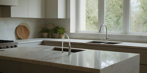 Fototapeta premium Luxury minimalist kitchen featuring white lacquer cabinets, waterfall islands, and touchless fixtures