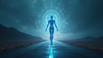 Exploring the concept of agentic AI along a futuristic path with digital elements under a dramatic cloudy sky