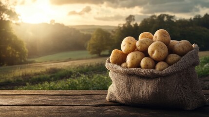 Fresh potatoes in burlap sack on wooden table, sunset rural background.