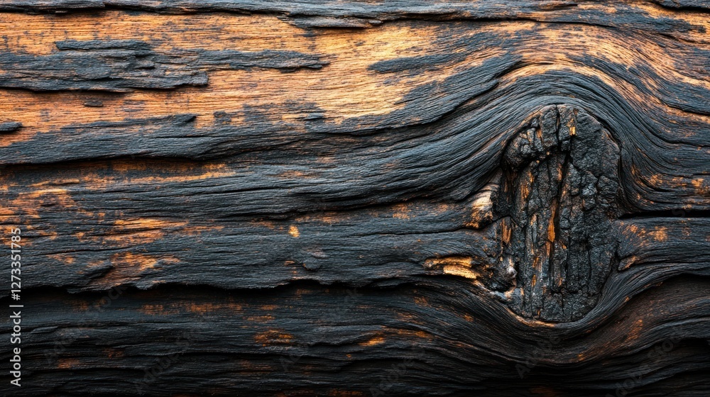 Poster charred wood grain shows unique texture and patterns