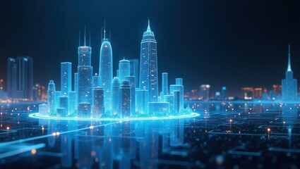 Obraz premium Showcasing agentic AI transforming a futuristic cityscape with holographic buildings and digital networks at night