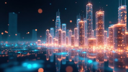 Fototapeta premium Futuristic city skyline illuminated by glowing towers and reflections in water at night, showcasing advanced technology in urban design