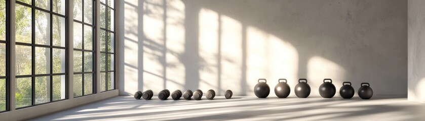 Minimalist gym interior with dumbbells and kettlebells
