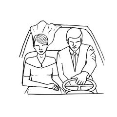 bride and groom riding in a convertible car - hand drawn line art drawing