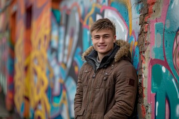 Obraz premium Idea for a Photo: Happy Young Caucasian Student Man Smiling in Front of Colorful Background