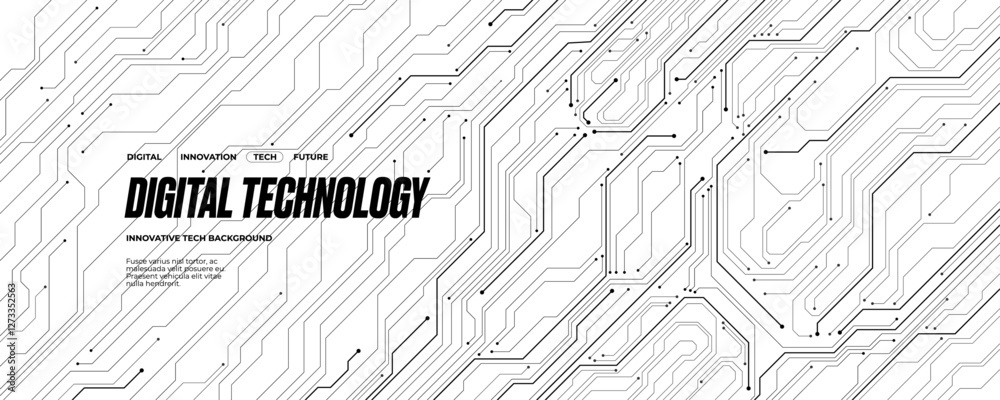 Aufkleber Digital circuit board technology background. Abstract circuit wires on white tech bg. AI concept. Black and White banner with semiconductor elements. Line electronics pattern. Vector illustration