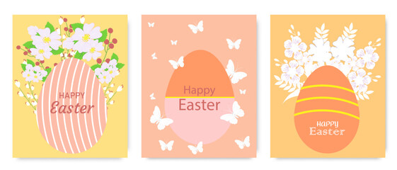 Easter greeting cards with floral arrangements, decorative eggs, pastel colors, delicate butterflies, and festive typography.