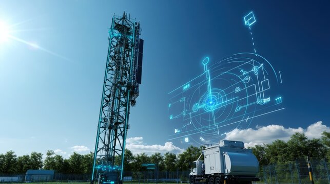 Telecommunication tower construction urban site digital art modern technology wide angle future connectivity visualization