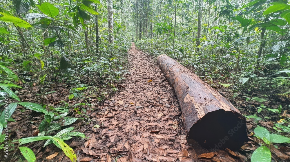 Poster Fallen tree trunk blocking the path in a dense forest