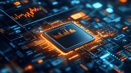 A vibrant, futuristic circuit board featuring a central processor surrounded by glowing lines and data visualizations, emphasizing technology and innovation.