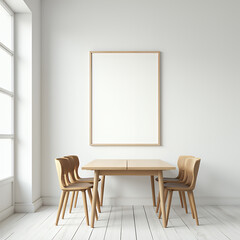 Interior of modern dining room, dining table and chairs against white wall with empty frame. 3d rendering 