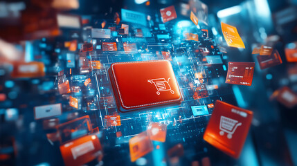 A digital shopping concept featuring floating icons and a central shopping cart symbol, representing e-commerce and online transactions.