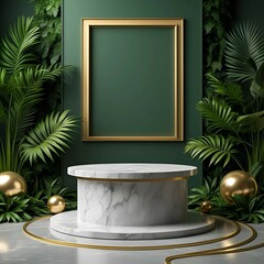 Luxurious Green and Gold Display with Marble Pedestal and Tropical Foliage