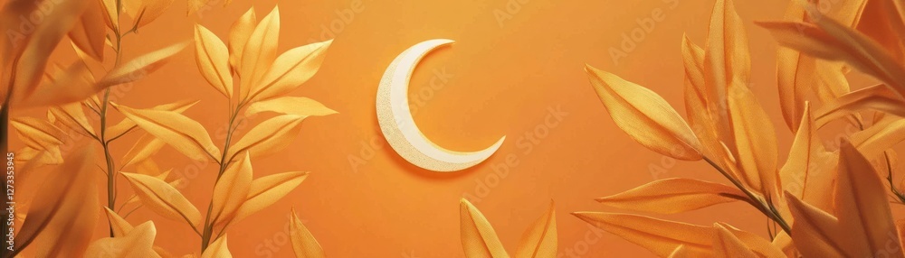 Poster a crescent moon is centered with orange leaves surrounding it