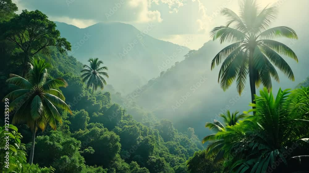 Poster a lush green jungle with a mountain in the background. there are palm trees in the foreground. the s