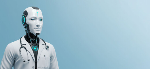 Medical humanoid robot in white coat with stethoscope on blue background. Artificial intelligence technology in medicine. Healthcare innovation. Robotic doctor assistant. Banner with copy space.