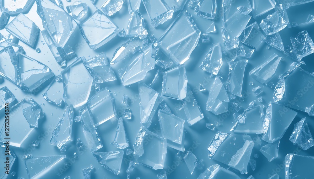 Poster Shattered Glass Art. Delicate Shards on Blue. Light Reflecting off Sharp Edges. Fragility and Beauty Combined. Transparent Fragments Create Intricate Pattern. Stunning Visual Texture with Soft