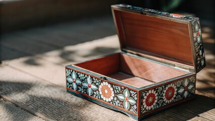 Ornate Wooden Box on Wooden Surface