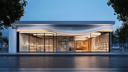 Modern retail store exterior at night, showcasing a sleek design with curved glass facade and warm interior lighting.