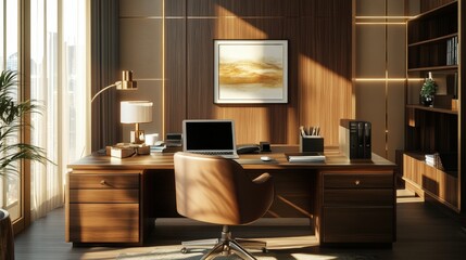 A well-lit work desk with a comfortable chair, a laptop, wireless mouse, and an elegant wooden desk organizer, surrounded by modern office decor and natural light