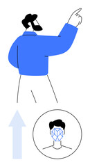 Man gestures upward as facial recognition grid covers a face inside a circle alongside an upward arrow. Ideal for biometrics, facial identification, AI, technology progress, security, innovation