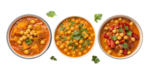 three bowls with chickpea curry on a white background, png