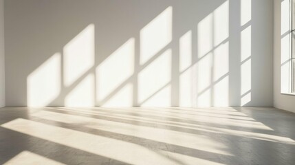 Fototapeta premium abstract shadows on white wall, minimalist composition, natural light, serene atmosphere, peaceful interior, soft focus, clean design, geometric shapes