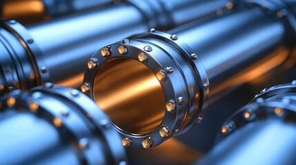 Fototapeta premium Industrial pipes, close-up, metallic, glowing interior. Use 3D rendering background