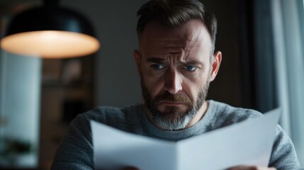Naklejka premium Withdrawal symptoms cause confusion. A person with a puzzled expression looking at a document