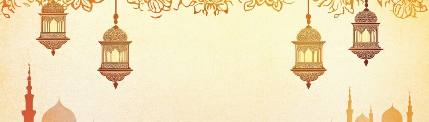 Ornate Lanterns and Mosque Silhouettes on a Beige Background