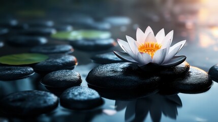 Fototapeta premium Beautiful lotus flower floating on black stones, glowing with inner light, serene and calming