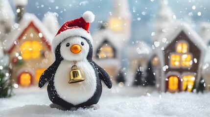Plush penguin holding Christmas bell snow covered village behind