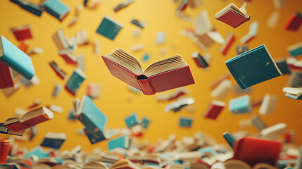Books fall into motion on a yellow background. AI generative.
